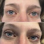 Vorher-nachher Vergleich der Augen: sichtbar längere, definiertere Wimpern nach dem Styling